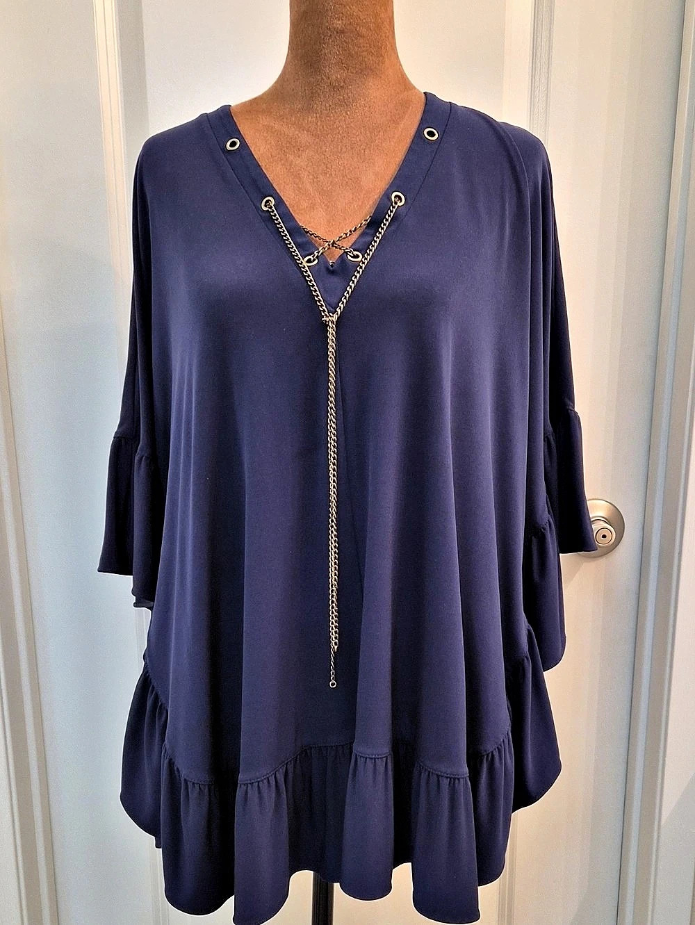 Michael Kors Chain Detail Ruffle Tunic in Blue Size XS